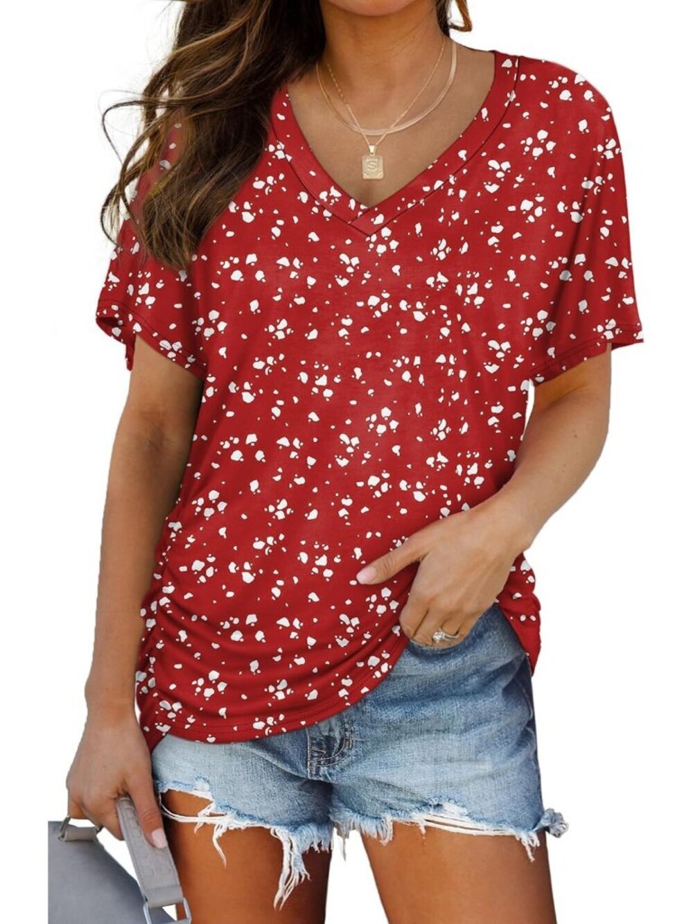 Women's s Red Summer Short Sleeve V Neck Dolman Tops with Side Shirring Shirts